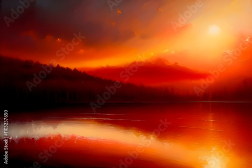 landscape with oil effect in red tones. landscape oil painting. oil painting