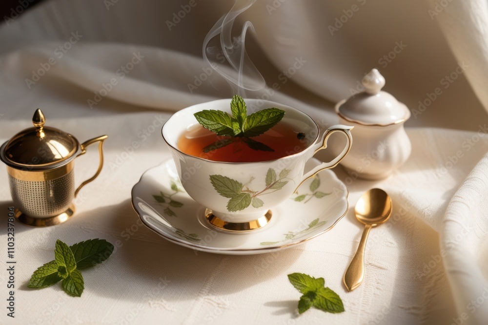 A steaming cup of tea in an elegant porcelain teacup with gold accents sits on a matching saucer. A fresh mint garnish floats on top A steaming cup of tea in an elegant porcelain teacup with gold accents sits on a matching saucer. A fresh mint garnish floats on top