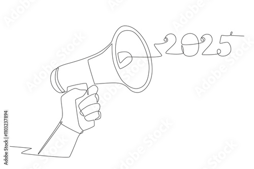 Hand holding megaphone to commemorate the new year 2025. New year 2025 concept one-line drawing