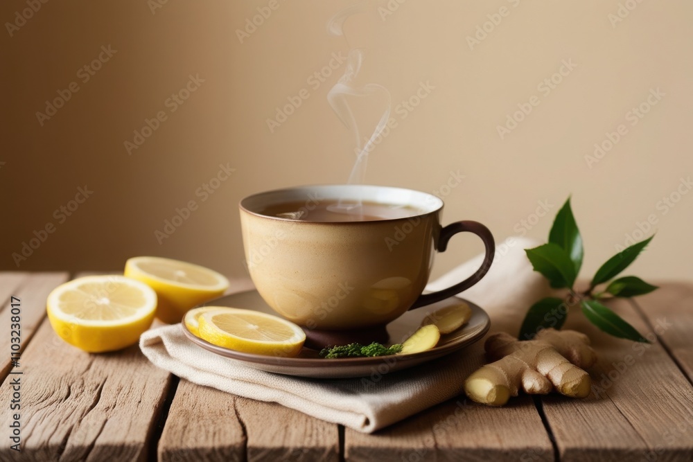 steaming cup of tea on a wooden table. Slices of ginger root and lemon lime are scattered around the cup, suggesting a soothing and healthy beverage. steaming cup of tea on a wooden table. Slices of ginger root and lemon lime are scattered around the cup, suggesting a soothing and healthy beverage.