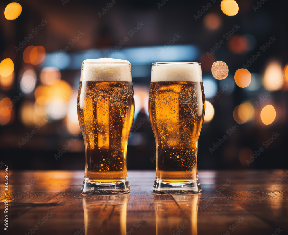 Two Glasses of Cold Beer with Bubbles and Foam on a Wooden Table Surrounded by Blurred Warm Lights in a Cozy Bar Atmosphere Two Glasses of Cold Beer with Bubbles and Foam on a Wooden Table Surrounded by Blurred Warm Lights in a Cozy Bar Atmosphere