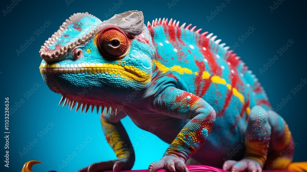 Obraz premium Vivid chameleon amidst a splash of paint a unique exploration of creative expression