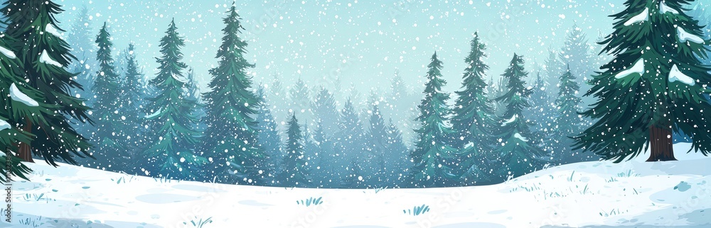 Obraz premium A snowy winter forest scene with snow-covered ground and tall evergreen trees in the background.