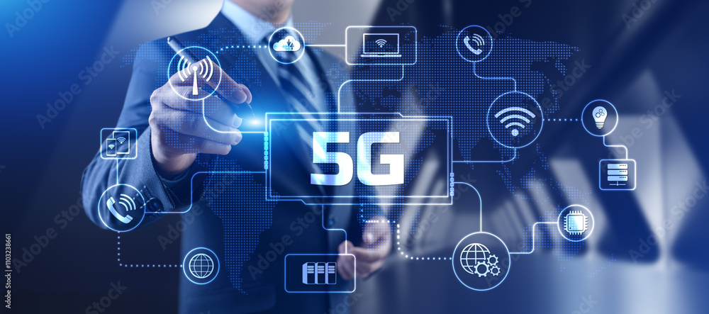 5G High-speed internet connection concept. Businessman pressing button on screen. 5G High-speed internet connection concept. Businessman pressing button on screen.