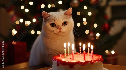 A white British Shorthair cat with dark green eyes, lovingly hugged by an arm, sitting in front of a birthday cake with candles, as it makes a wish.  photo