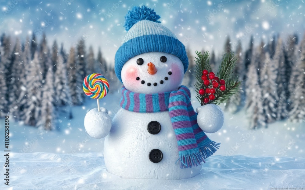 Cheerful Snowman in a Winter Wonderland with Snowy Forest and Falling Snowflakes Cheerful Snowman in a Winter Wonderland with Snowy Forest and Falling Snowflakes