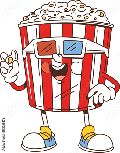 Cartoon retro groovy popcorn bucket or fast food character, vector comic emoji. Groovy popcorn bucket with funny face watching movie in retro 3D glasses for cinema fast food snacks cartoon character