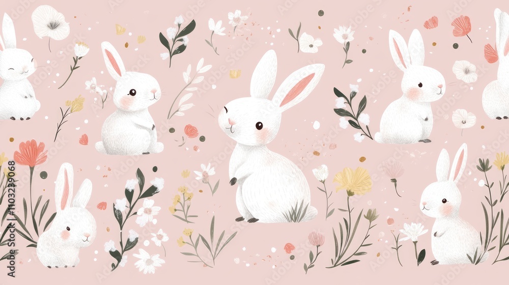 Adorable Rabbits and Flowers Pattern Adorable Rabbits and Flowers Pattern
