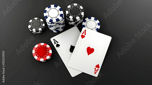 Two cards aces and chips, poker game. Black background, top view.