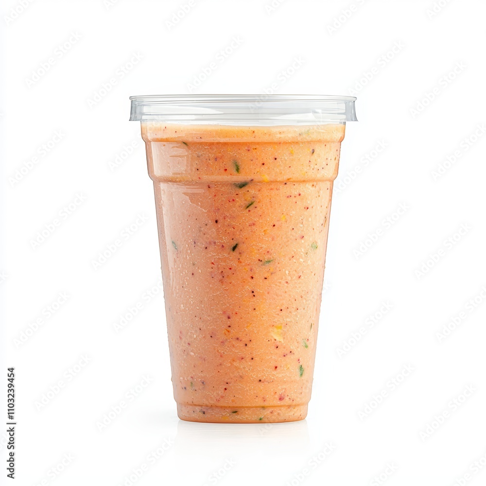 Refreshing Fruit Smoothie in Clear Plastic Cup on White Background Refreshing Fruit Smoothie in Clear Plastic Cup on White Background