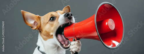  Jack Russell terrier holding a red megaphone and screaming, Promotion, action, holiday, ad, job questions. Vacancy. Business discount concept, communication, information, news, team media photo