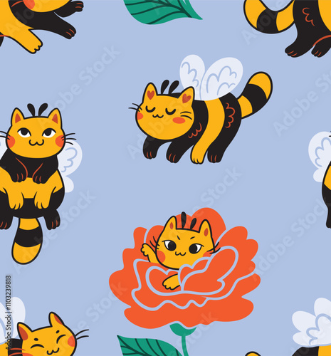 Seamless pattern with cute bee cats, kawaii style