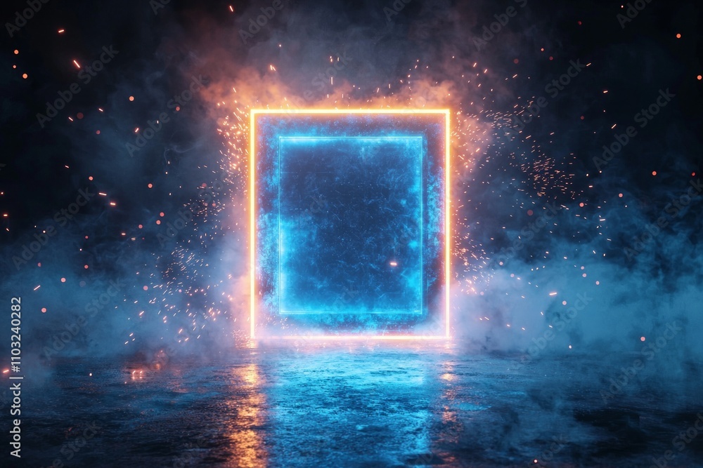 3D render of a square portal with a blue glow, in a sci-fi, futuristic style, set against a dark background, with floating particles and sparks around the edges. 3D render of a square portal with a blue glow, in a sci-fi, futuristic style, set against a dark background, with floating particles and sparks around the edges.