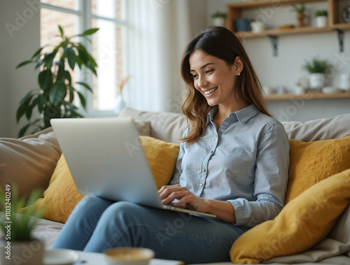 Smiling woman working on laptop at home in a cozy living room