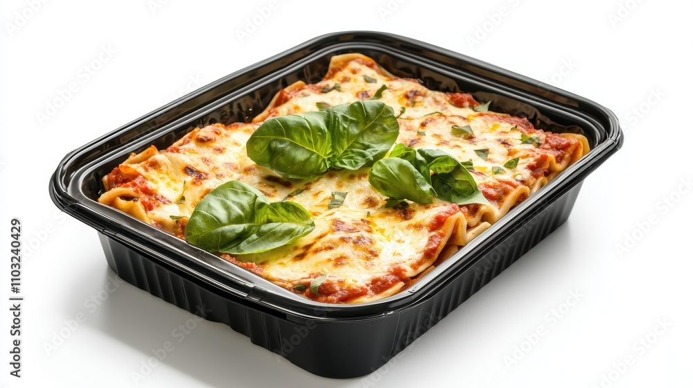 Delicious Baked Lasagna with Fresh Basil in Black Plastic Container Delicious Baked Lasagna with Fresh Basil in Black Plastic Container