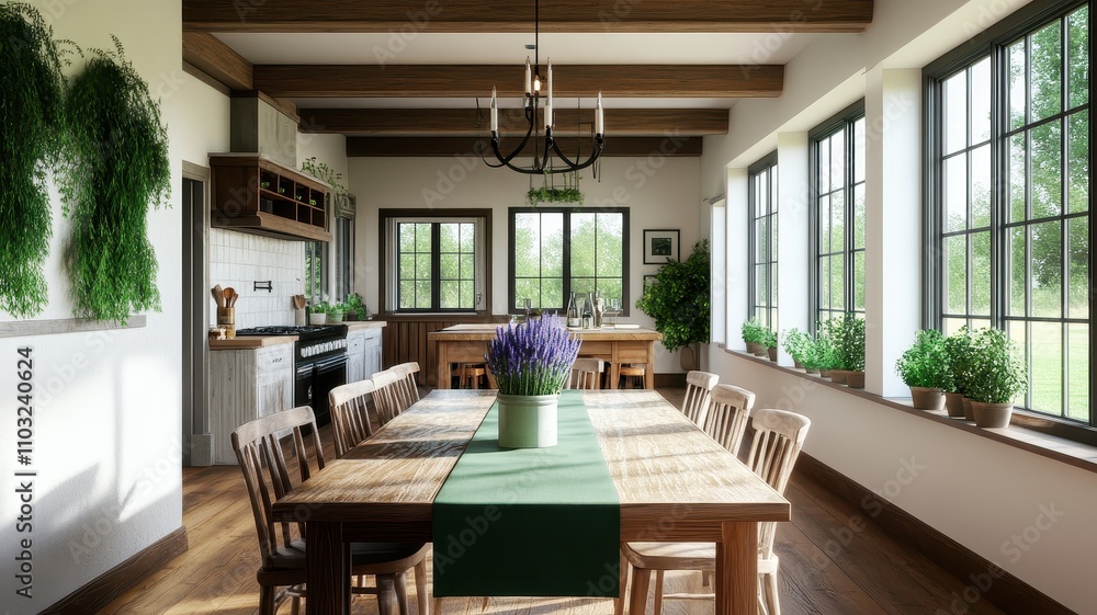 Fototapeta premium Charming farmhouse dining room adorned with lush greenery for a cozy, inviting atmosphere.