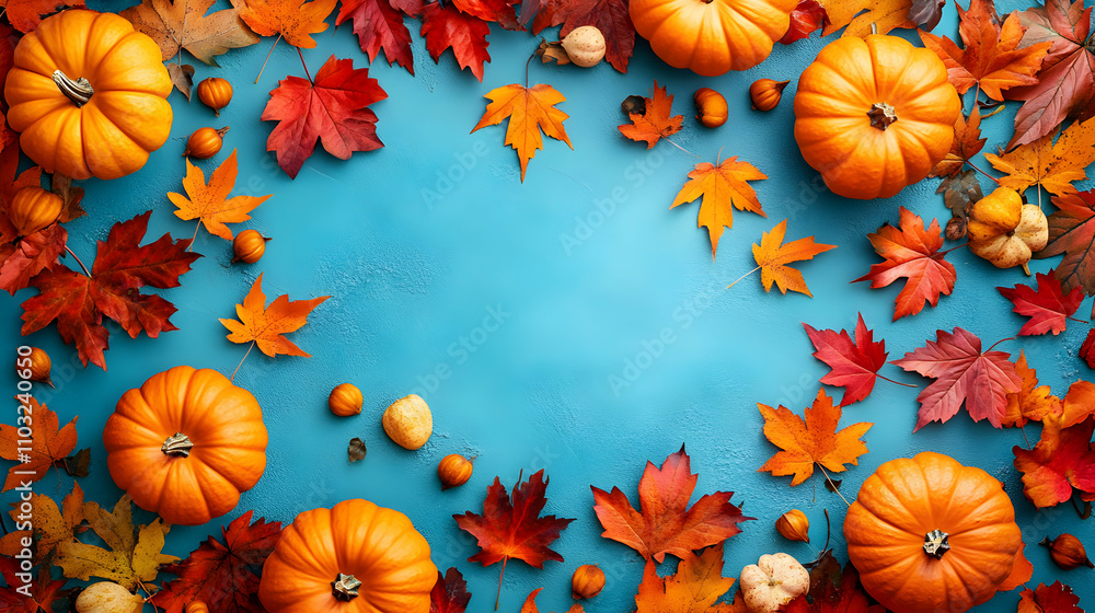 Autumn Harvest: Pumpkins and Maple Leaves Frame a Teal Background Autumn Harvest: Pumpkins and Maple Leaves Frame a Teal Background