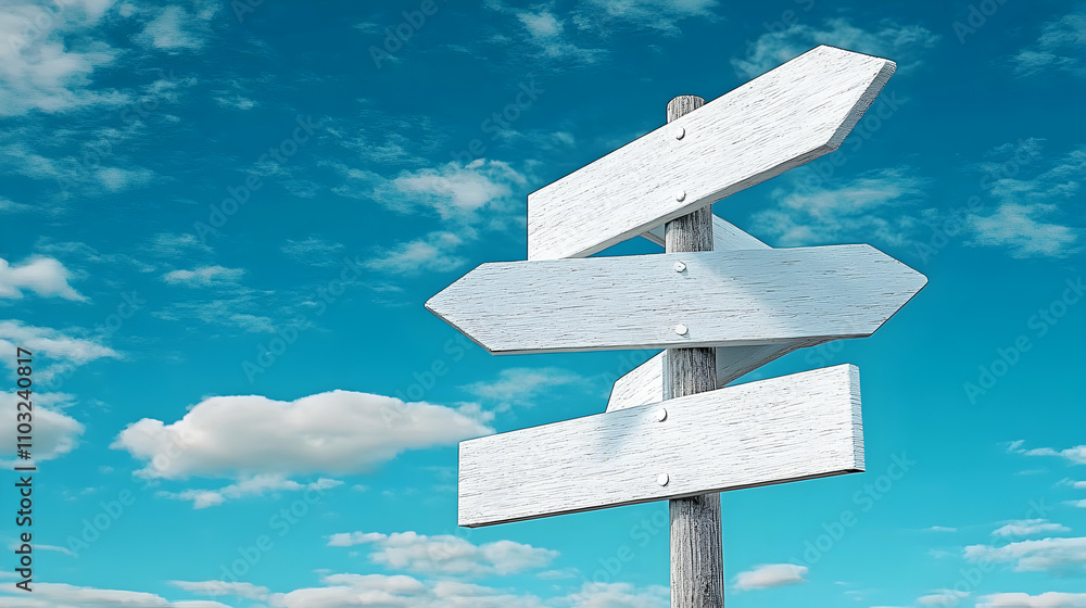Blank Wooden Signpost Points Directions Under a Blue Sky with Fluffy Clouds, Guiding Choices and Decisions. Blank Wooden Signpost Points Directions Under a Blue Sky with Fluffy Clouds, Guiding Choices and Decisions.
