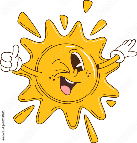 Cartoon retro groovy sun character with thumb up and funny face, vector emoji. Groovy sun with happy smile and silly winking, funky sunny emoticon character with happiness emotion and thumb up