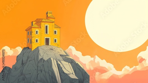 A striking yellow building perched on a rock, bathed in the warm glow of a sunset, with the sun casting long shadows photo