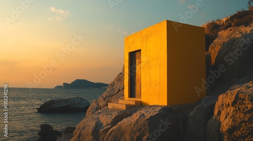 A striking yellow building perched on a rock, bathed in the warm glow of a sunset, with the sun casting long shadows photo