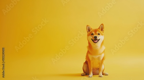 Happy Shiba Inu Dog Sitting on Yellow Background with Playful Smile