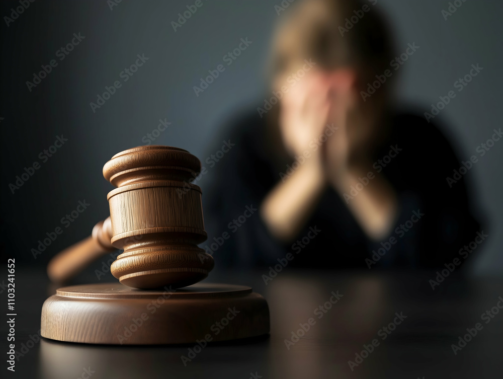 A gavel rests on a table in the foreground, while a person with their hands on their face appears distressed in the background, symbolizing legal struggles. A gavel rests on a table in the foreground, while a person with their hands on their face appears distressed in the background, symbolizing legal struggles.