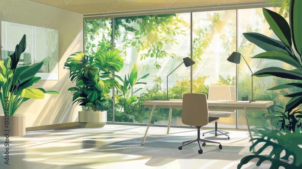 Illustration of business open green modern office daytime daylight. Working culture chill happy enjoy workplace work life balance plant green interior sustainable design contemporary sustainability Illustration of business open green modern office daytime daylight. Working culture chill happy enjoy workplace work life balance plant green interior sustainable design contemporary sustainability
