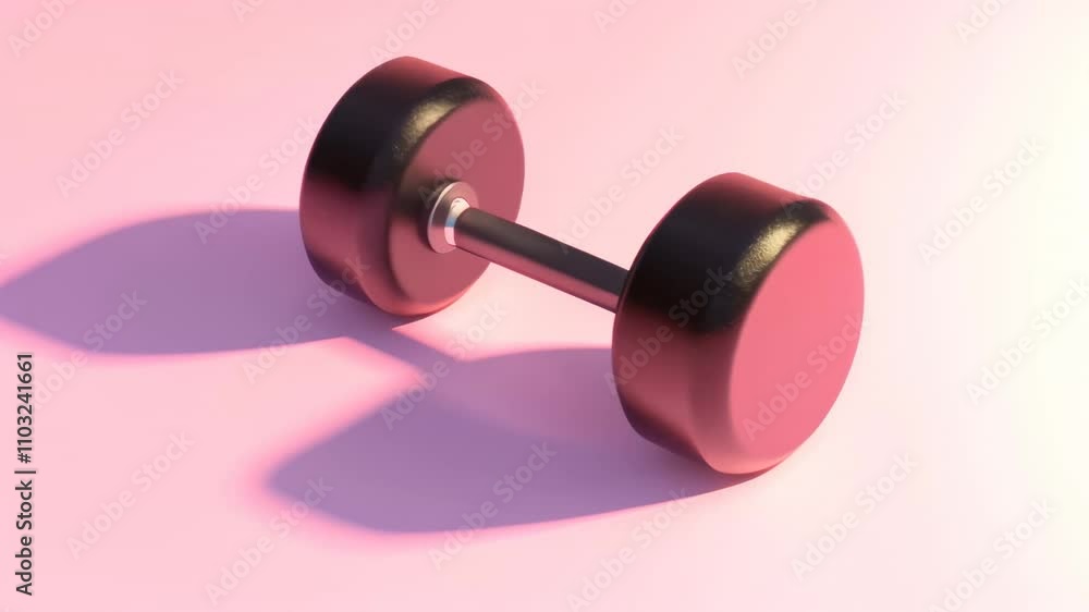 Black dumbbell casting a long shadow on a vibrant pink background, representing fitness, strength training, and active lifestyle Black dumbbell casting a long shadow on a vibrant pink background, representing fitness, strength training, and active lifestyle