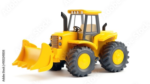 A cheerful yellow digger cartoon illustration, designed in a children's book style, with vibrant colors and friendly, rounded features. The digger is depicted in action, with its bucket raised,  photo