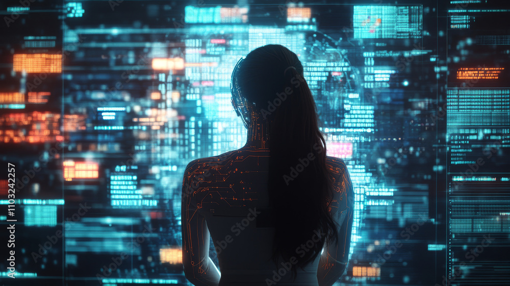 AI in image cybernetic anthropomorphic woman working with matrix data on virtual interface. head or face of artificial intelligence with mind looking at information and teaching neural networks. AI in image cybernetic anthropomorphic woman working with matrix data on virtual interface. head or face of artificial intelligence with mind looking at information and teaching neural networks.