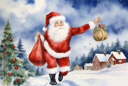 Funny Santa Claus with gifts in winter village painted in watercolor in artistic decorative style
