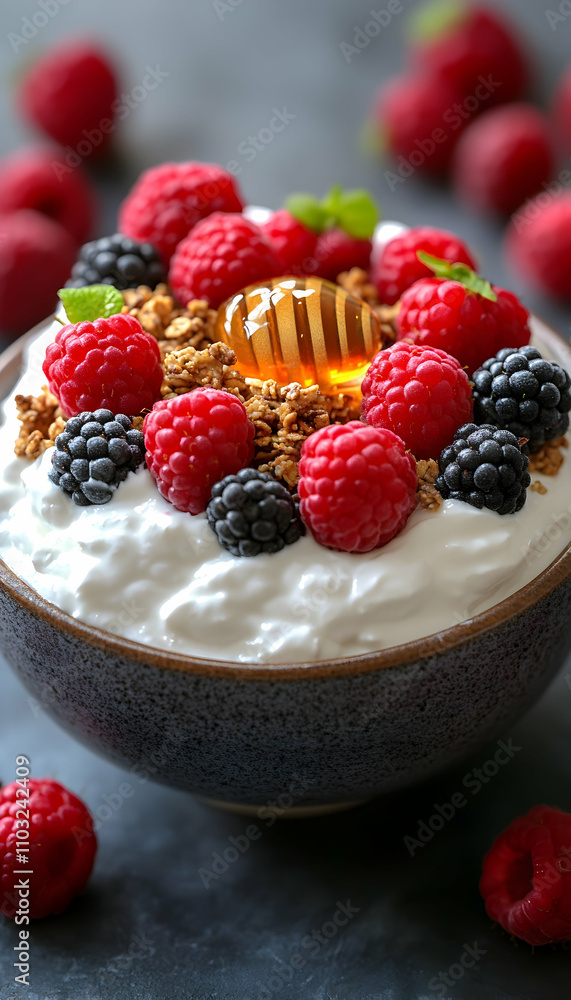 Bowl of yogurt with granola, raspberries, blackberries, and honey. Bowl of yogurt with granola, raspberries, blackberries, and honey.