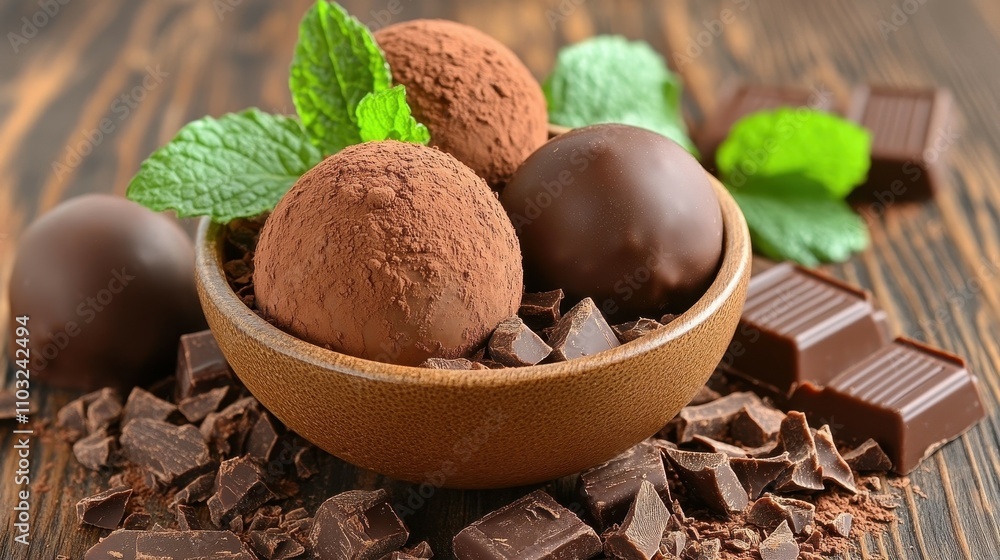 A bowl of chocolate ice cream with chocolate chips and mint leaves. The bowl is brown and the ice cream is brown A bowl of chocolate ice cream with chocolate chips and mint leaves. The bowl is brown and the ice cream is brown