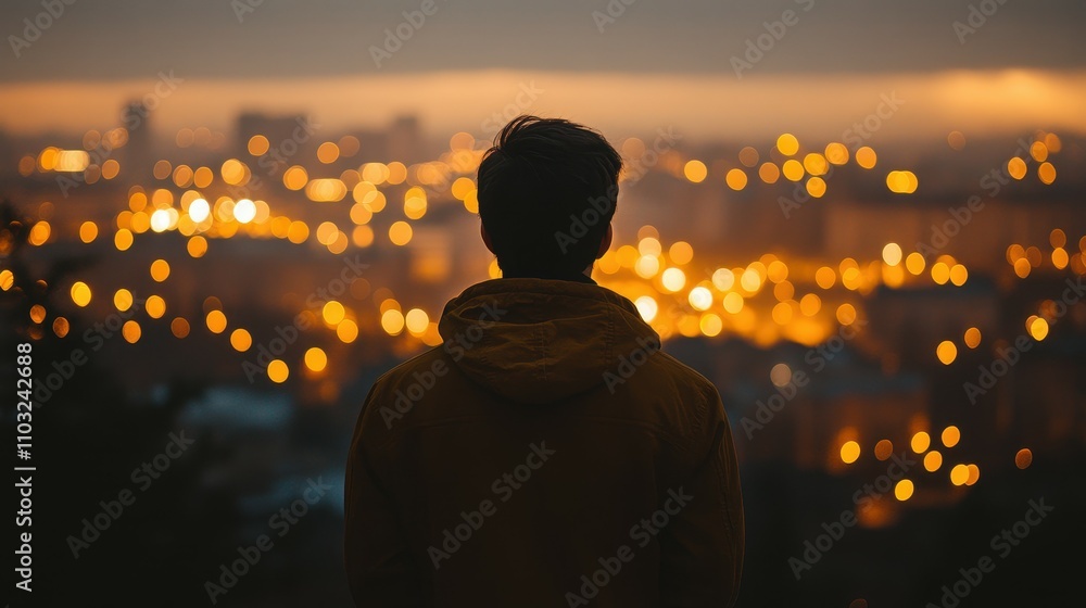 A man is standing on a hill and looking at the city lights. The city lights are blurry and the man is in the foreground. Scene is peaceful and contemplative A man is standing on a hill and looking at the city lights. The city lights are blurry and the man is in the foreground. Scene is peaceful and contemplative