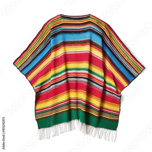 Colorful handwoven striped mexican poncho against white background