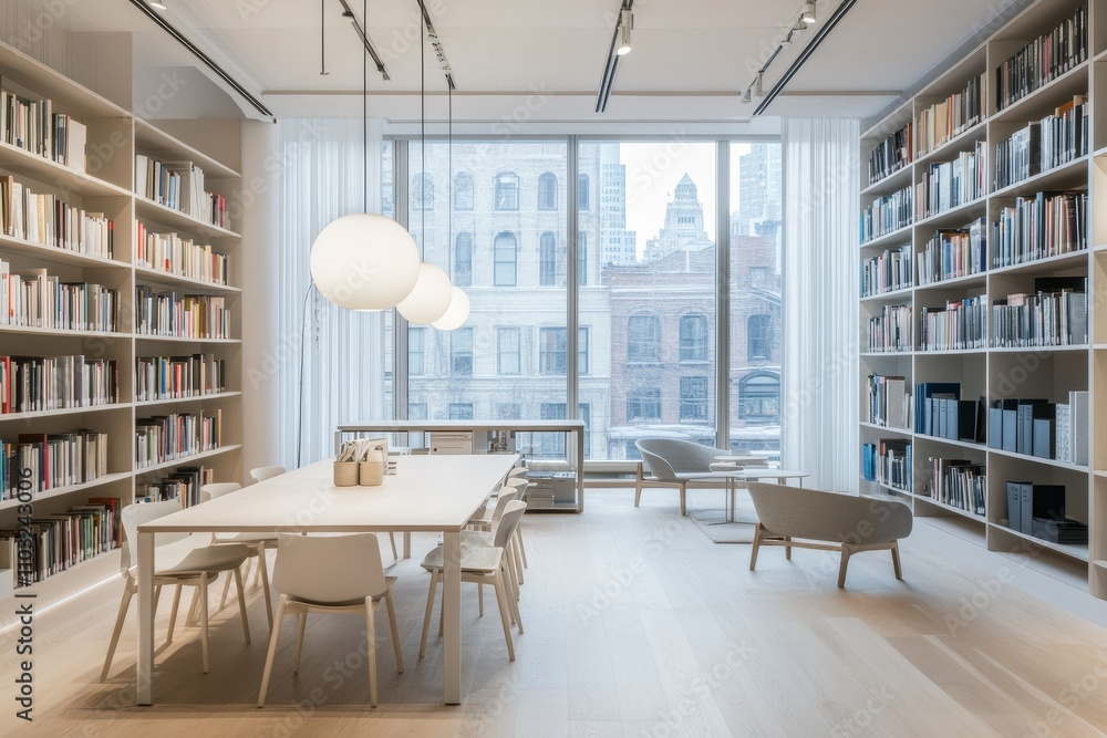 Modern office library with large windows overlooking the city, a long table with chairs and a comfortable armchair. Modern office library with large windows overlooking the city, a long table with chairs and a comfortable armchair.