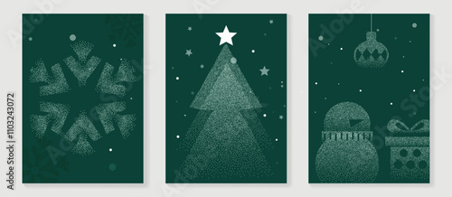 Merry Christmas and Happy New Year greeting card vector set. Luxury invitation with Christmas tree, gift, snowman, spot texture on green background. Design illustration for season's card, ads.