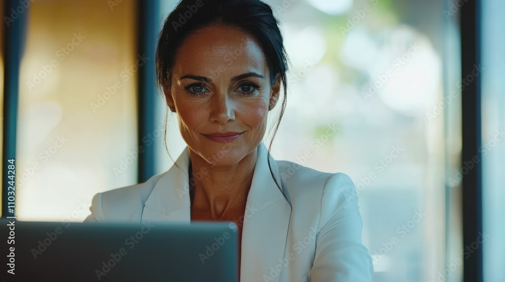 Middle age European business woman CEO using laptop application for work at table workspace in office. Smiling Latin Hispanic mature adult professional businesswoman using pc digital computer. Banner Middle age European business woman CEO using laptop application for work at table workspace in office. Smiling Latin Hispanic mature adult professional businesswoman using pc digital computer. Banner