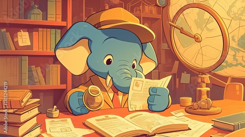 A Detective Elephant Investigates a Case in His Study photo