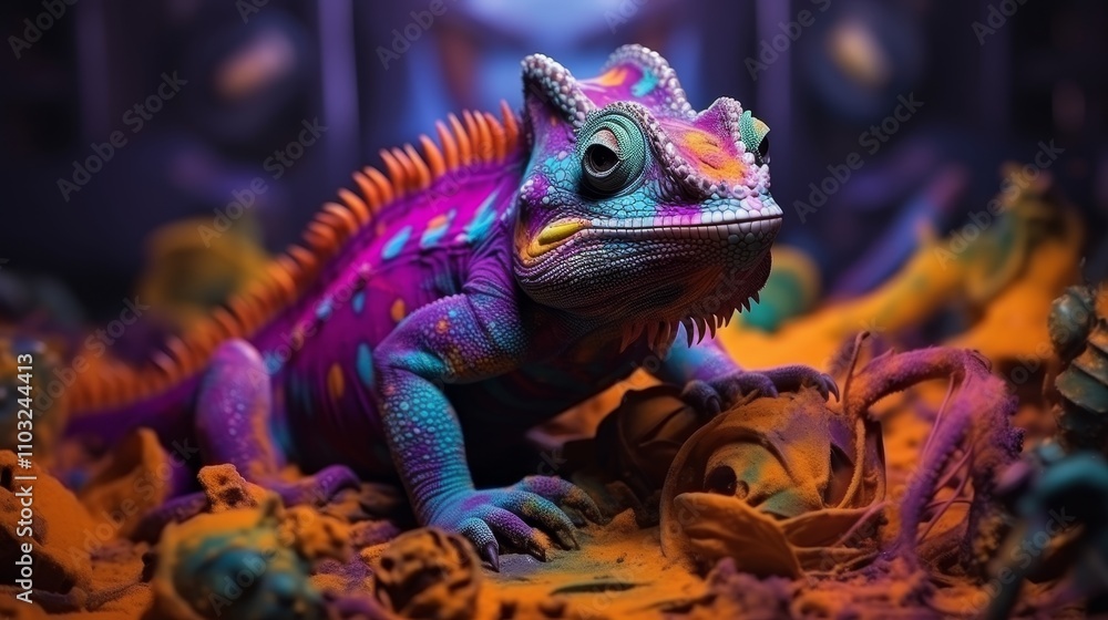 Obraz premium Vibrant chameleon amidst a burst of paint a stunning concept of novel creativity