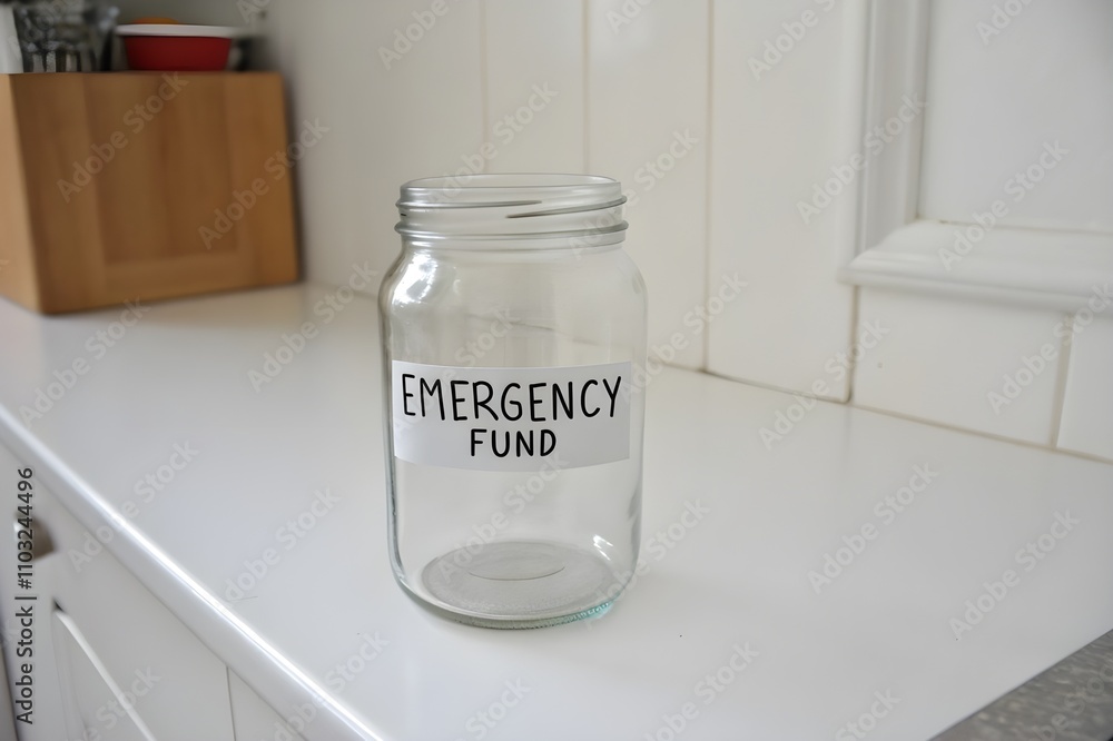 Empty emergency fund jar on counter. Savings and financial plannin Empty emergency fund jar on counter. Savings and financial plannin