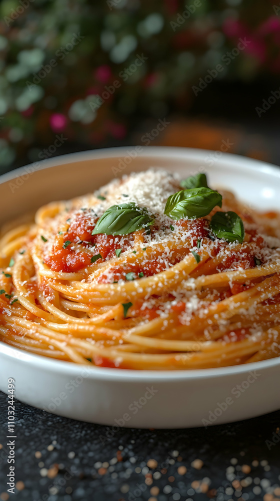 Close-up of spaghetti with tomato sauce, parmesan cheese, and basil. Close-up of spaghetti with tomato sauce, parmesan cheese, and basil.