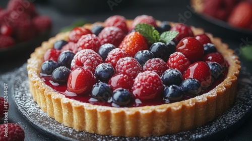 Close-up of a freshly made fruit tart adorned with a variety of colorful fresh fruits, ideal for dessert lovers