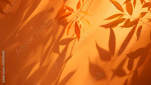 Abstract leaves shadow on orange background. Summer hipster concept. Copy space.