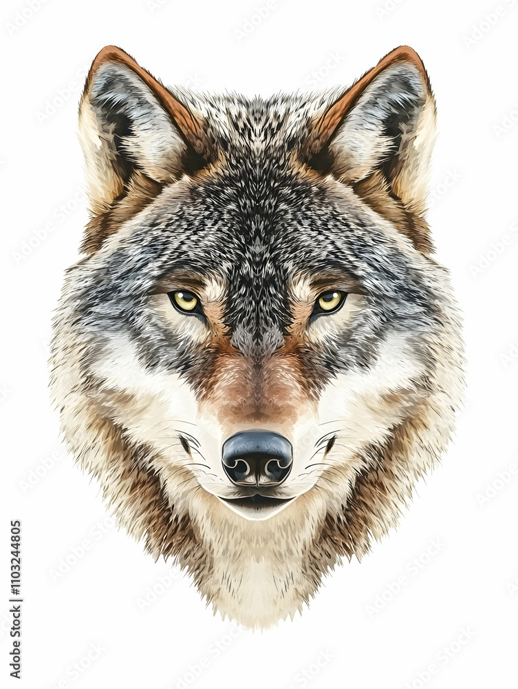 Close-up portrait of a wolf's head against a white background. Close-up portrait of a wolf's head against a white background.