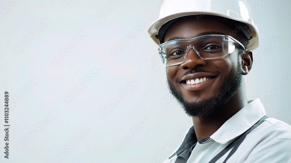 Smiling Construction Worker Wearing Safety Gear and Hard Hat Smiling Construction Worker Wearing Safety Gear and Hard Hat