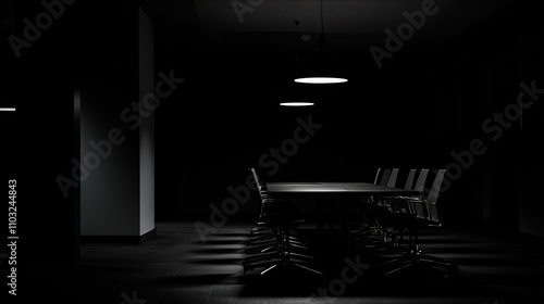 A black image featuring a focus of light in a meeting room, highlighting the central area with a dramatic contrast between the surrounding darkness and the illuminated space. photo