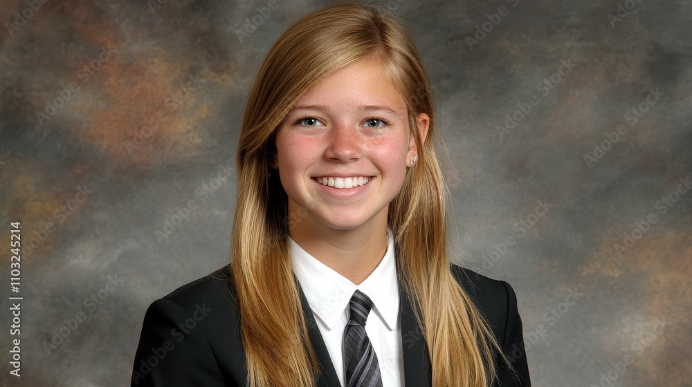 A girl wearing a black suit and a white shirt with a tie is smiling. She is posing for a picture A girl wearing a black suit and a white shirt with a tie is smiling. She is posing for a picture