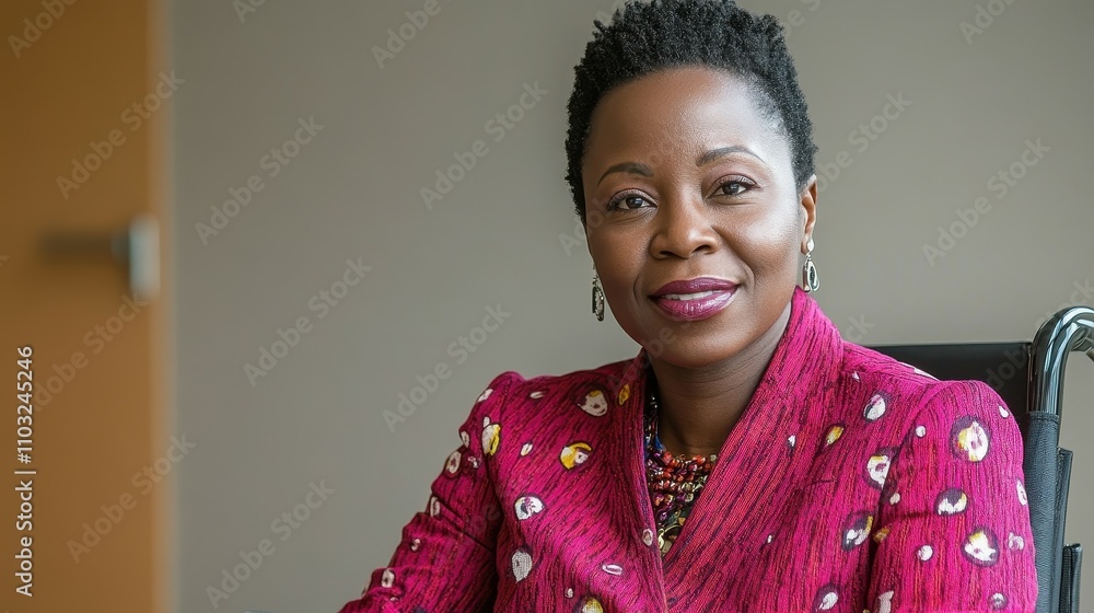 A woman in a pink jacket sits in a wheelchair. She is smiling and she is happy A woman in a pink jacket sits in a wheelchair. She is smiling and she is happy